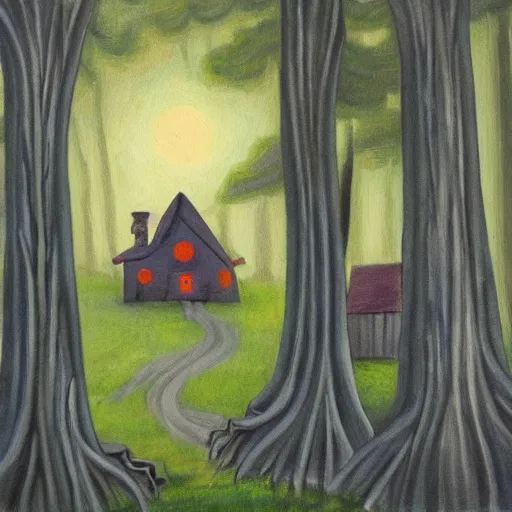 Image similar to a painting of a eerie cabin in the middle of the woods in the style of alice bailly