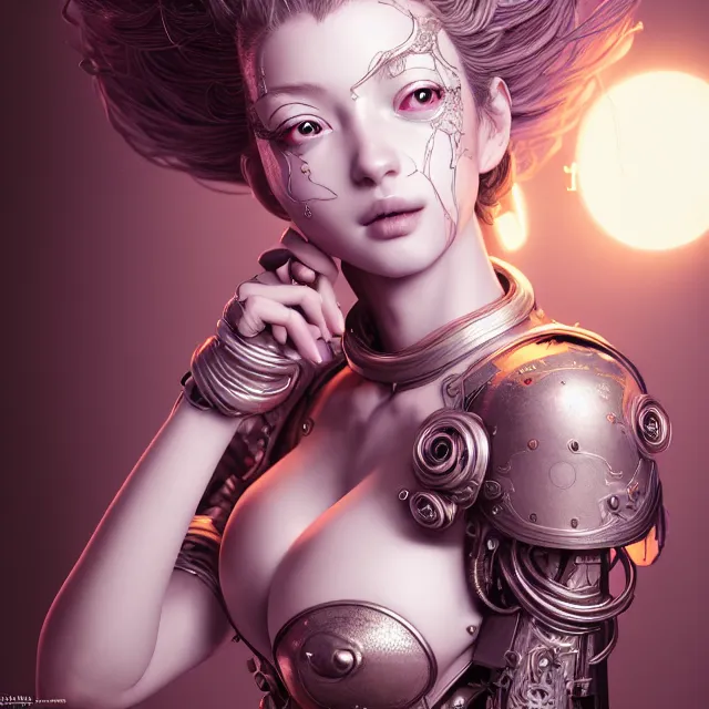 Image similar to studio portrait of optimist female divine mech blahsen as absurdly beautiful, elegant, young sensual gravure idol, ultrafine hyperrealistic detailed face illustration by kim jung gi, irakli nadar, intricate linework, sharp focus, bright colors, matte, octopath traveler, final fantasy, unreal engine highly rendered, global illumination, radiant light, intricate environment