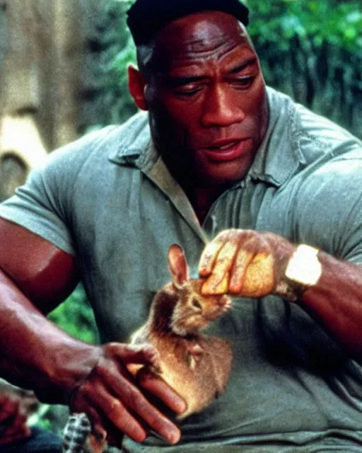 Image similar to film still close - up shot of dwayne johnson as john coffey petting a mouse in the movie the green mile. photographic, photography