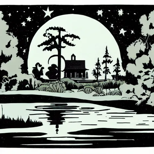 Prompt: bayou plantation, heavy ink, moon in sky, green, mike mignola