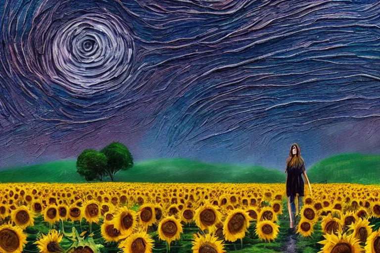 Image similar to giant sunflower as a head, girl walking in wheat field, hills, surreal photography, dark night, star trails, dramatic light, impressionist painting, clouds, digital painting, artstation, simon stalenhag