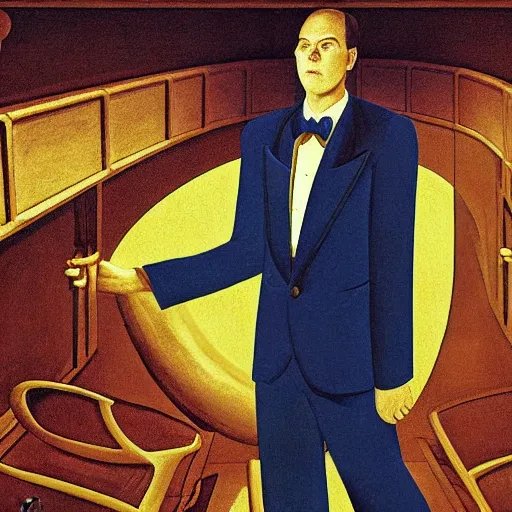 Image similar to cell shading opulent by chris van allsburg. a photograph of a suit. the man's eyes are closed & he has a serene, content look on his face. his arms are crossed in front of him & is floating in space. background is swirling with geometric shapes & patterns.