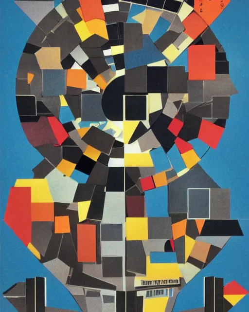 Image similar to A mid-century modern collage, made of random geometric segments cut out of vintage magazines, of 2001: A Space Odyssey film poster. 1968