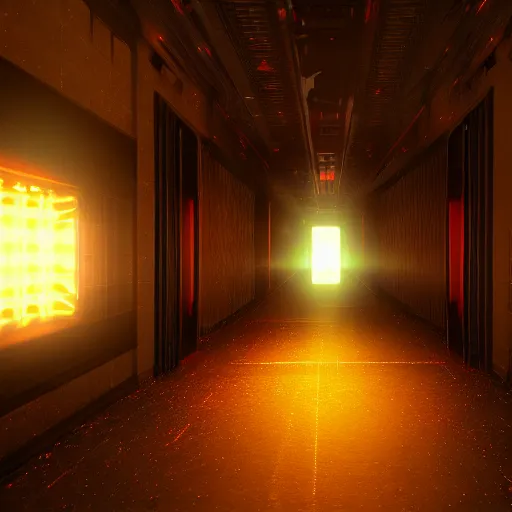 Prompt: a dark corridor with aggressive small red lights scattered and shining light on a new alien organism that arrived from Pluto, screenshot, Unreal Engine