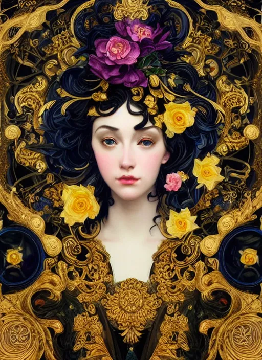 Prompt: beautiful black blue yellow, complicated gold and pink flowers in baroque style headwears, dark fantasy, intricate, elegant, highly detailed, digital painting, artstation, concept art, matte, 3 d 8 k octane rendered, sharp focus, illustration, octane rendered, art by artgerm and alphonse mucha, leesha hannigan