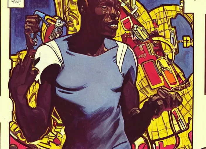 Prompt: an african man, dressed as an astronaut, well composed, clean, elegant painting, beautiful detailed face, comic book art by steve ditko and jack kirby and ( alphonse mucha )