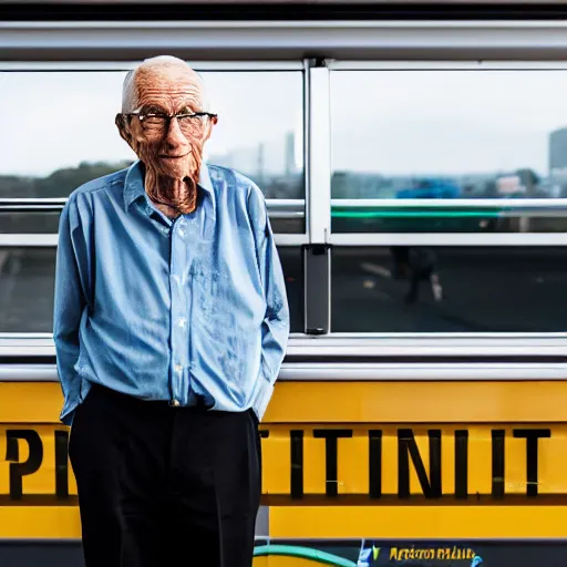 Image similar to a elderly man standing on top of a transperth bus, canon eos r 3, f / 1. 4, iso 2 0 0, 1 / 1 6 0 s, 8 k, raw, unedited, symmetrical balance, wide angle