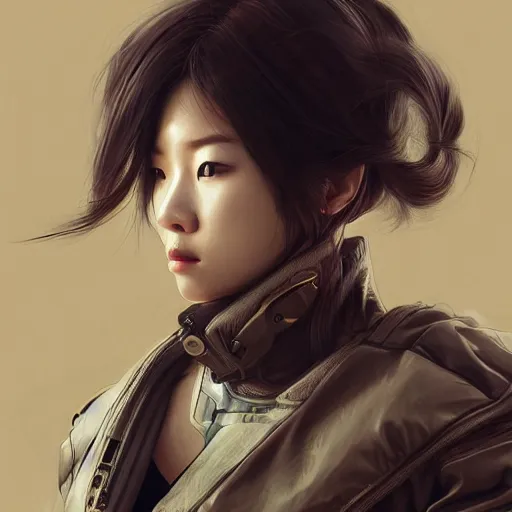 Prompt: cyborg Korean female wearing heavy techwear jacket, intricate, elegant, highly detailed, digital painting, artstation, concept art, smooth, sharp focus, illustration, art by artgerm and greg rutkowski and alphonse mucha