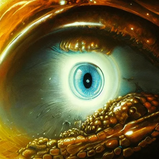 Image similar to low angle shot of a chicken eye with the galaxy in the iris by clive barker, intricate, elegant, highly detailed, centered, digital painting, artstation, concept art, smooth, sharp focus, illustration, artgerm, Tomasz Alen Kopera, Peter Mohrbacher donato giancola, Joseph Christian Leyendecker, WLOP, Boris Vallejo.