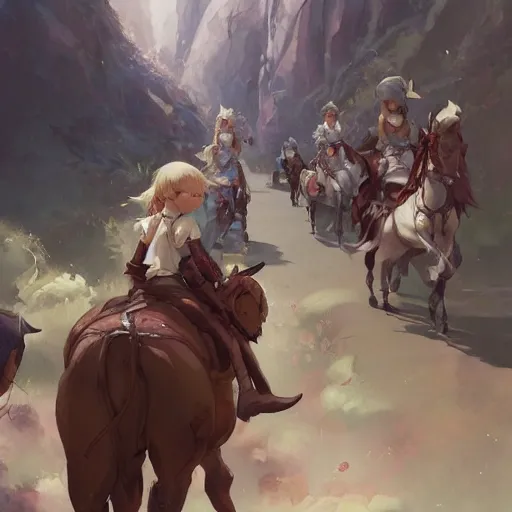 Image similar to a group of people riding on the backs of horses, a storybook illustration by krenz cushart, pixiv contest winner, fantasy art, official art, concept art, storybook illustration. detailed masterpiece.