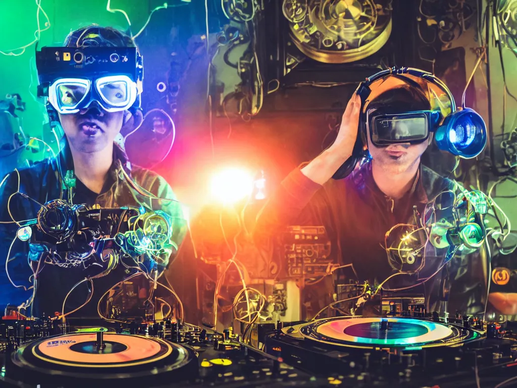 Image similar to a person wearing goggles and visor and headphones using a steampunk record player contraption, wires and tubes, turntablism dj scratching, intricate planetary gears, cinematic, imax, sharp focus, leds, bokeh, iridescent, black light, fog machine, hazy, lasers, hyper color digital art, cyberpunk