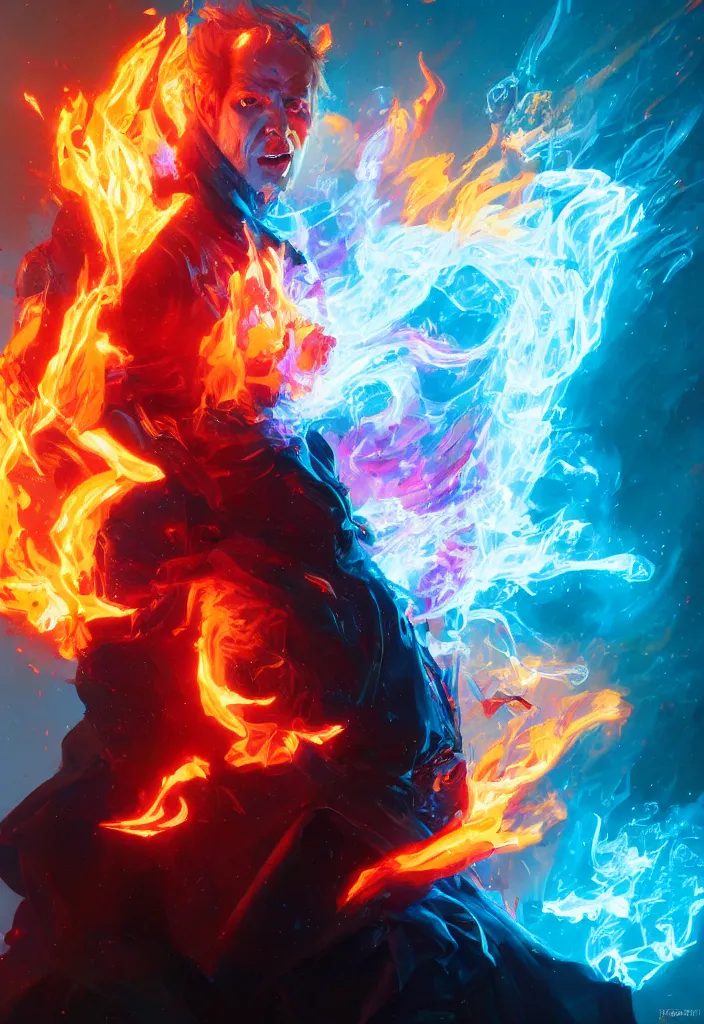 Image similar to a fancy protrait of a very mad mage engulfed in colorful flames by greg rutkowski, sung choi, mitchell mohrhauser, maciej kuciara, johnson ting, maxim verehin, peter konig, 8 k photorealistic, cinematic lighting, hd, high details,