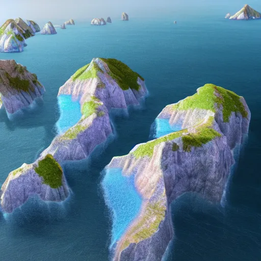Prompt: islands surrounded by steep crystal cliffs, hyperrealistic digital art