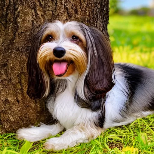 Image similar to a cute mutt who is half long haired dachshund and half shih tzu, brindle, laying under a tree on a farm, golden hour, promised land