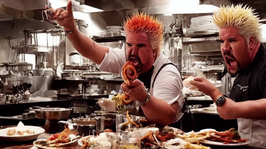 Image similar to guy fieri, turning into an eldritch horror monster, with tentacles, in a restaurant kitchen, film still from the movie directed by denis villeneuve with art direction by salvador dali