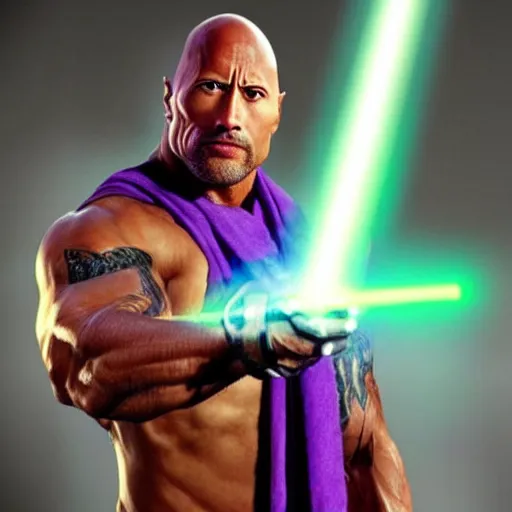 Image similar to dwayne johnson holding a purple lightsaber wearing brown jedi robes, concept art, ultra realistic