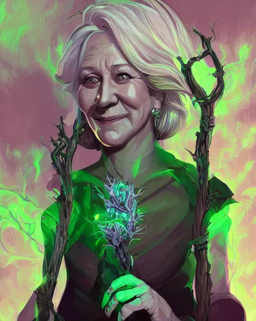 Image similar to a white-haired witch holding a gnarled staff, helen mirren, wisdom of the ages, glowing iridescent accents, digital apex legends illustration portrait, gorgeous lighting, wide angle action dynamic portrait, art by Josan Gonzalez, bright colors, green and gold palette, high contrast