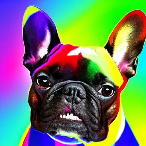 Image similar to rainbow excited smiling french bulldog using a computer. pop art.