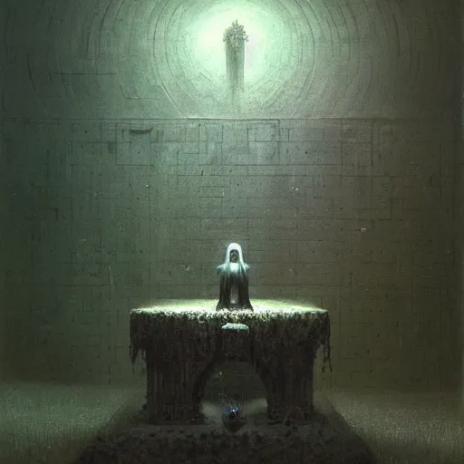 Image similar to cute girl in necromancer crypt by beksinski