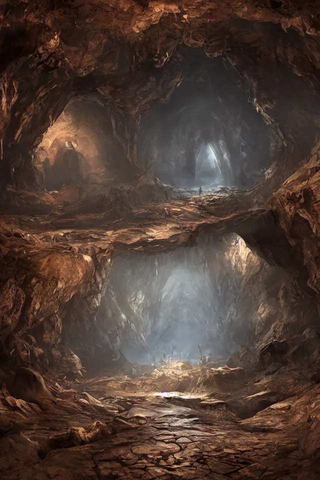 Prompt: the underground cave has a huge door made of bronze, bronze material, dark and spectacular atmosphere ， super wide angle ， matte painting ， rtx on ， trending on cgsociety and artstation, unreal engine ， volumetric light ， surreal