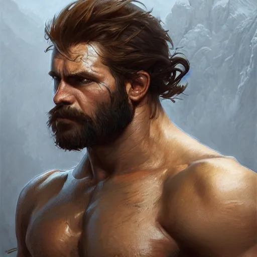 Image similar to portrait of a rugged ranger, muscular, upper body, hairy chest, D&D, fantasy, intricate, elegant, highly detailed, digital painting, artstation, concept art, matte, sharp focus, illustration, art by Artgerm and Greg Rutkowski and Alphonse Mucha