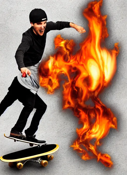 Prompt: a barista skateboarding over a flaming latte, photorealistic