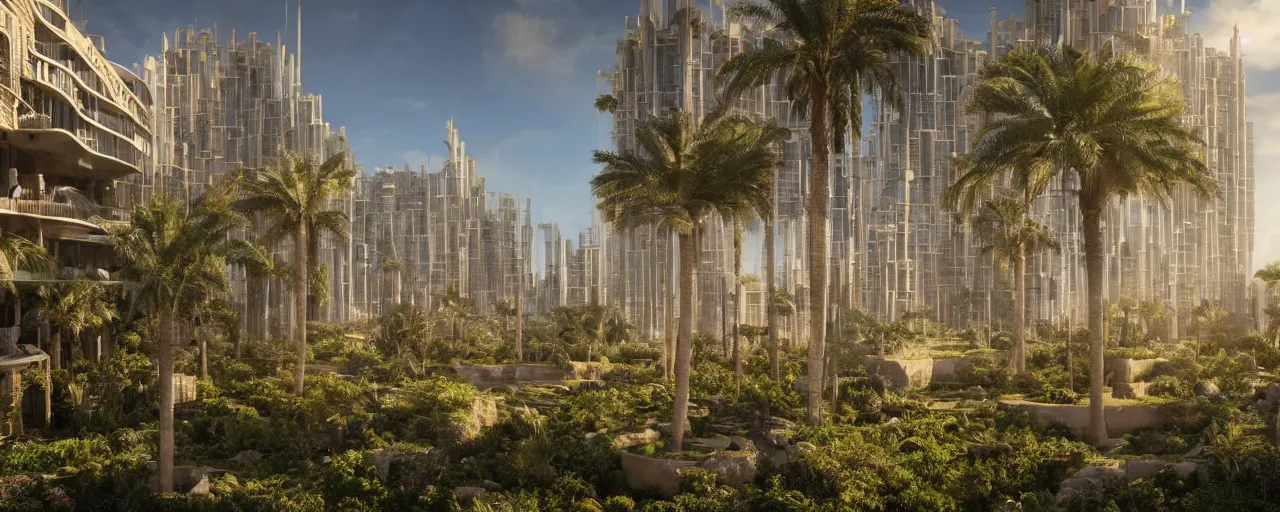 Image similar to contemporary golden babylon tower, sacred ancient architecture, hanging gardens, cascading highrise, arid mountains with lush palm forest, sunlight, post - production, octane, cgi, sfx