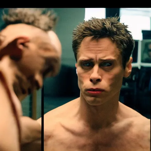 Image similar to Live Action Still of Jerma in Fight Club, real life, hyperrealistic, ultra realistic, realistic, highly detailed, epic, HD quality, 8k resolution, body and headshot, film still