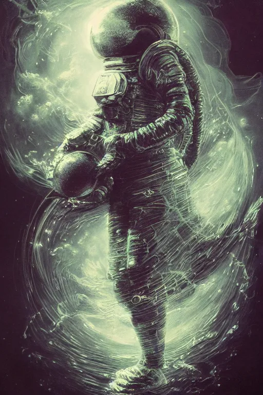 Image similar to close up shot of a full body floating astronaut portrait water elemental fading into water, high contrast, james gurney, peter mohrbacher, mike mignola, black paper, mandelbulb fractal, trending on artstation, exquisite detail perfect, large brush strokes, bold colors, intricate ink illustration, black background