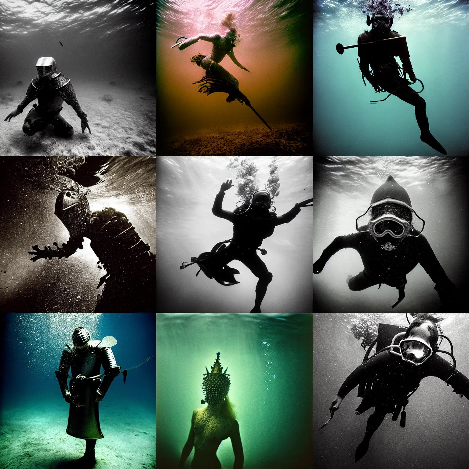 Image similar to Underwater photo of a beautiful medieval knight by Trent Parke, close up, clean, detailed, Magnum photos
