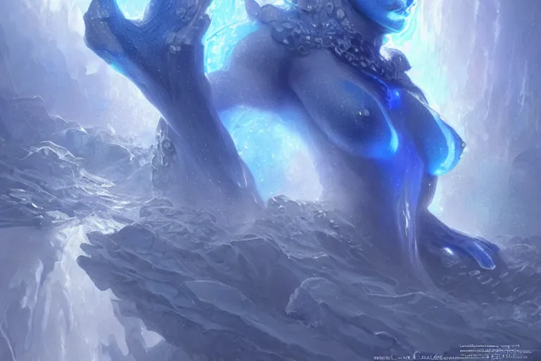 Image similar to blue - skinned naga encased in ice, underwater crystal caverns, concept art, beautiful blue lights, glowing crystals, d & d, fantasy, highly detailed, masterpiece, volumetric lighting, digital painting, artstation, smooth, sharp focus, illustration, art by artgerm, by greg rutkowski