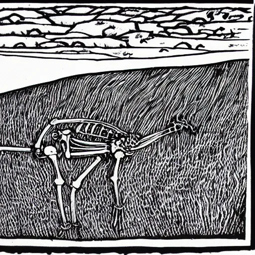 Image similar to risograph of a skeleton in a field