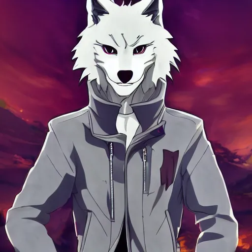 Image similar to key anime visual portrait of an anthropomorphic anthro wolf fursona, in a jacket, with handsome eyes, official modern anime art