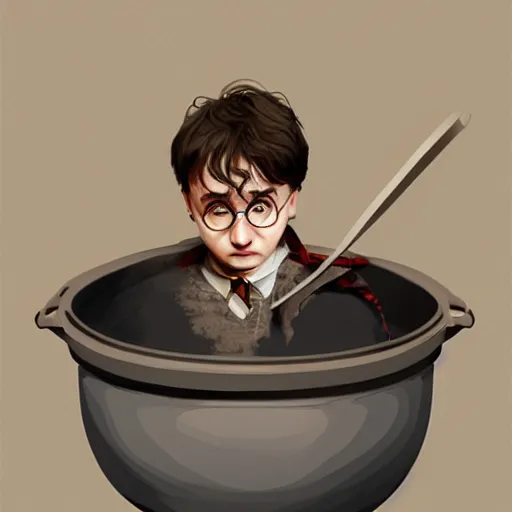 Prompt: harry potter's head in a cooking pot, digital illustration, in the style of greg rutkowski, highly detailed