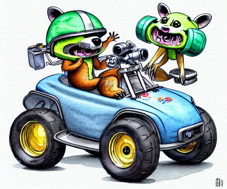 Image similar to cute and funny, racoon wearing a helmet riding in a tiny 4 wheeler with oversized engine, ratfink style by ed roth, centered award winning watercolor pen illustration, isometric illustration by chihiro iwasaki, edited by range murata, tiny details by artgerm, symmetrically centered