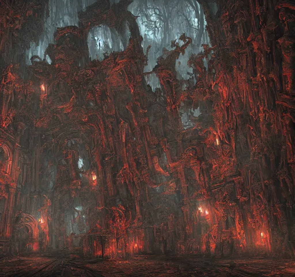 Image similar to a disturbing temple of the dead, grimdark feeling of horror, blood and flesh, in psychodelic style of Midjourney, stylized, 8k high details, detailed and intricate, elegant, ornate, horror, elite, ominous, haunting, beautiful digital painting, cinematic, cgsociety, artstation, octane render, 8k, unreal engine