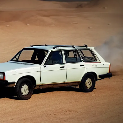 Prompt: 1982 Volvo 245 Wagon in Mad Max Fury Road, movie still, 8k