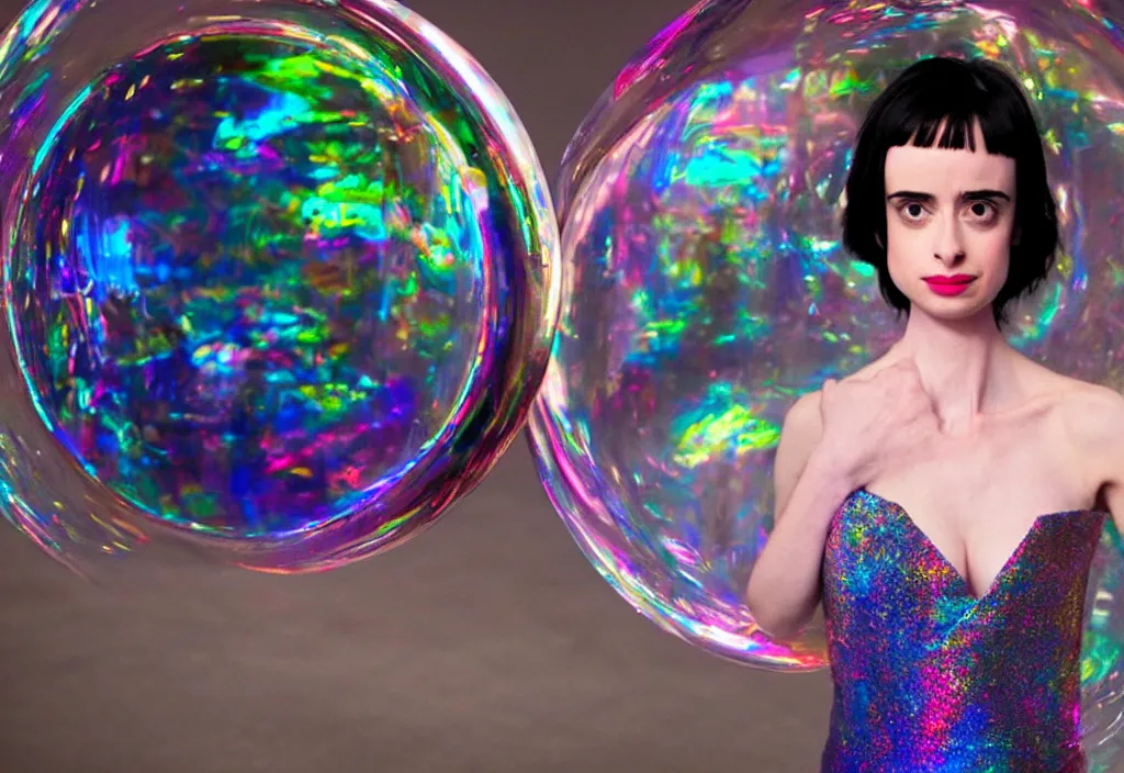 Image similar to krysten ritter as a woman trapped in an iridescent bubble