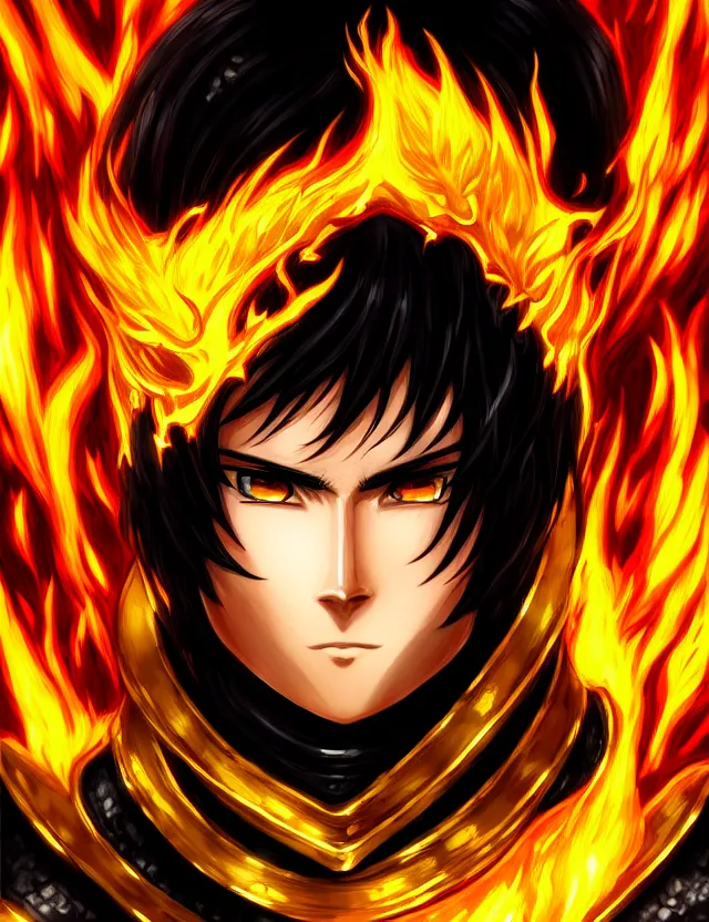 Image similar to a detailed manga portrait of a black haired man with hazel eyes in gleaming golden armour that burns with golden fire, trending on artstation, digital art, 4 k resolution, detailed, high quality, sharp focus, hq artwork, coherent, insane detail, character portrait