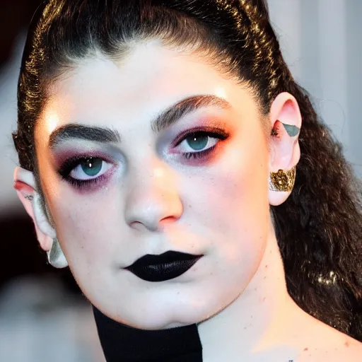 Image similar to lorde wearing goth makeup and a silver bodysuit with black platform boots