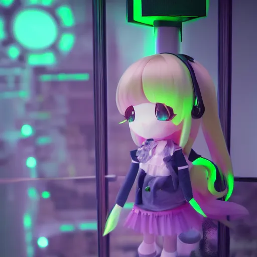 Image similar to cute fumo plush of a girl with prosthetic mechanical arms, green velvet dress, glowing dataglyphs, bokeh, cyberpunk anime girl, vray