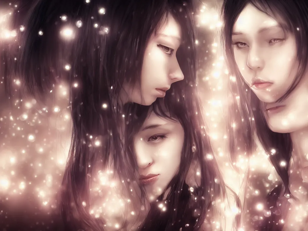 Image similar to of 2 girls with pearl shining in backgroud, black hair, photorealistic, cinematic light, highly detailed,