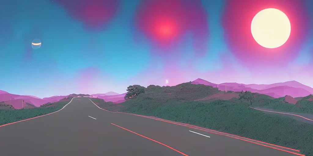 Image similar to a painting of a road with a red moon in the background, a matte painting by beeple, behance contest winner, space art, outrun, synthwave, retrowave