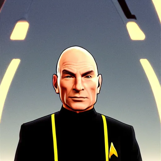 Prompt: Captain Jean Luc Picard in his Starfleet uniform, in the style of GTA V