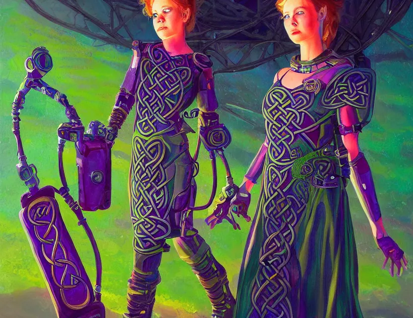 Prompt: celtic scifi princess of the heath, wearing a lovely dress with cyberpunk details. this oil painting by the beloved children's book author has an interesting color scheme and impeccable lighting.