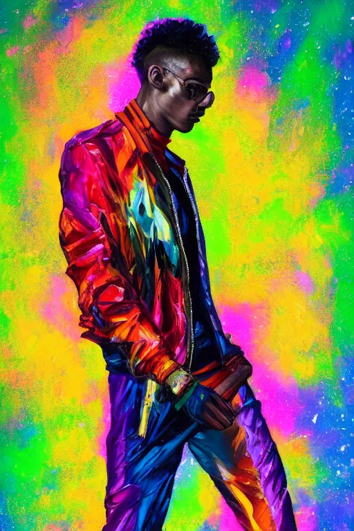 Prompt: palette knife oil painting portrait of apollo, a slender guitarist in an 8 0 s tracksuit - clashing colors, shoulder pads - and a stylish hairdo. disco northern lights. extreme detail, artstation trending, artgerm, any racial background, deviant art, hipster, octane, substance, art history 8 k