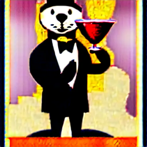 Image similar to a man holding a martini with an otter swimming in it while the otter gives a thumbs up in a 1 9 2 0 s advertisement poster