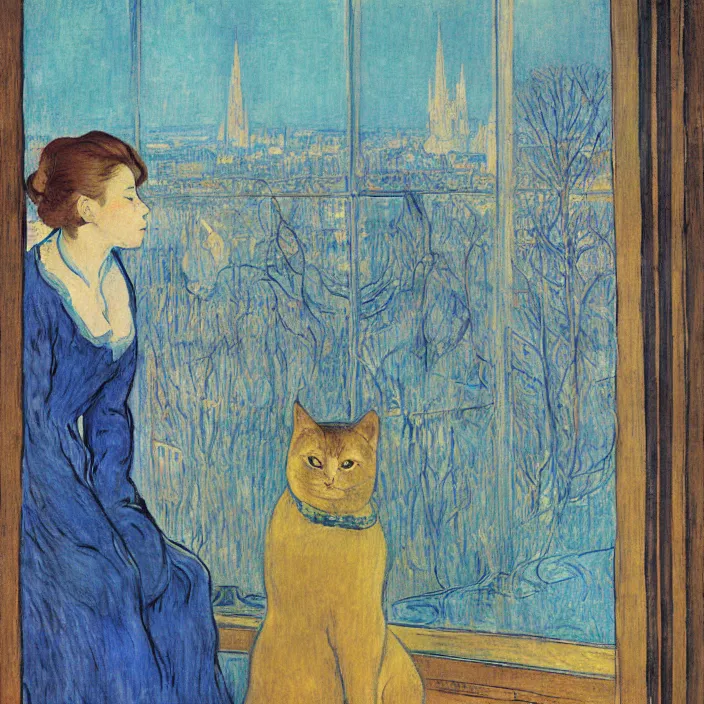 Image similar to sad woman and white cat with city with gothic cathedral and tall trees seen from a window frame with curtains. dark indigo blue, turquoise, gold, earth brown. night with glowing stars. delville jean, henri de toulouse - lautrec, utamaro, matisse, monet