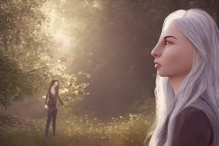 Image similar to hyperrealistic portrait of stunningly beautiful silver haired girl, lit by dawn light, deep forest on background, trending on artstation,ultrawide angle, f8 , polarizer , unreal engine