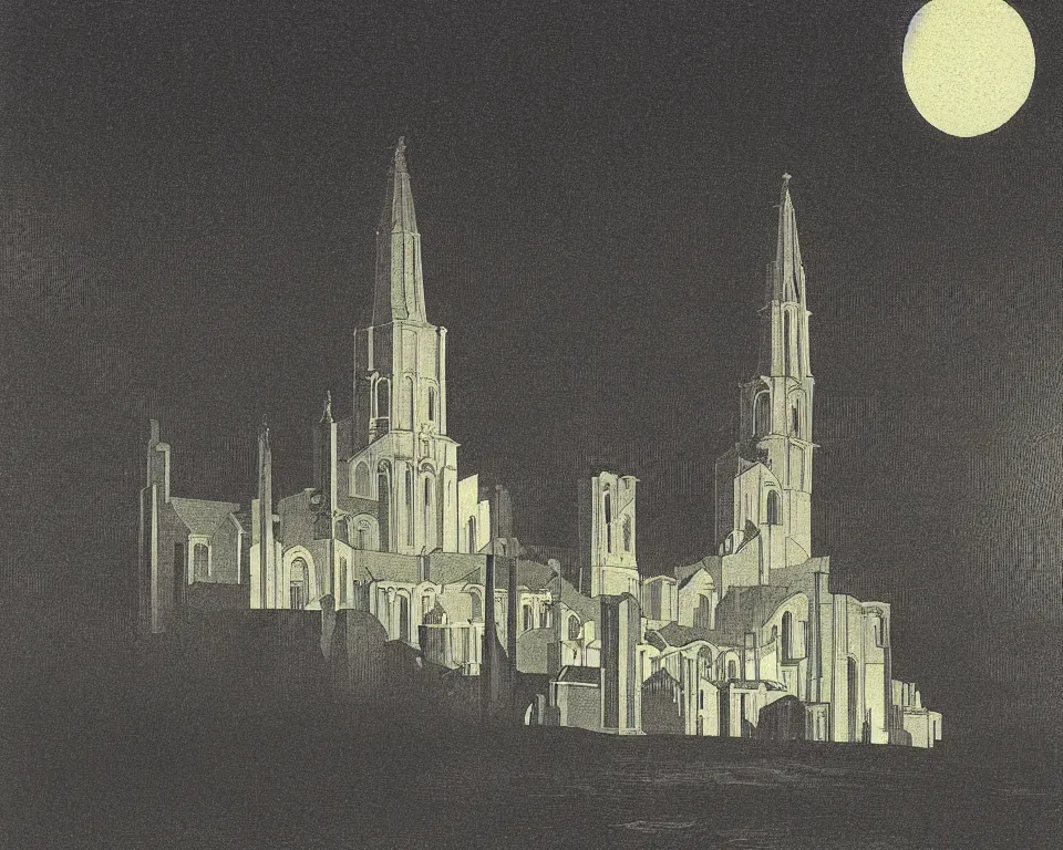 Image similar to achingly beautiful print of the St. Peters bathed in moonlight by Hasui Kawase and Lyonel Feininger.